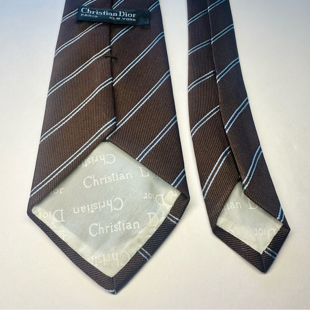 Vintage DIOR Embroidered Signature Brown Diagonal Striped Classic Tie, 3.25” - Picture 5 of 5